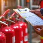 A man checks a fire safety inspection checklist next to red fire extinguishers in an industrial setting. The scene emphasizes fire safety and prevention.